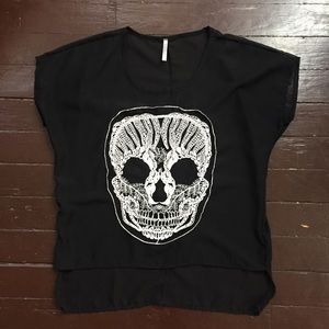 Sheer Embroidered Sugar Skull Black Top